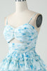 Load image into Gallery viewer, A-Line Spaghetti Straps Tiered Blue Floral Short Graduation Dress