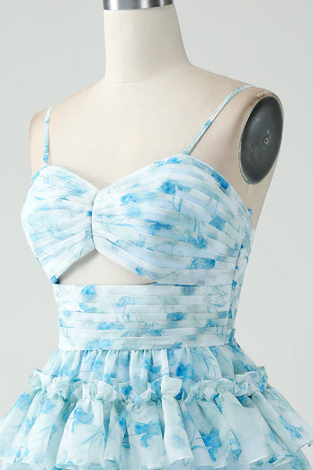 A-Line Spaghetti Straps Tiered Blue Floral Short Graduation Dress