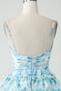 Load image into Gallery viewer, A-Line Spaghetti Straps Tiered Blue Floral Short Graduation Dress