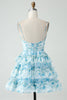 Load image into Gallery viewer, A-Line Spaghetti Straps Tiered Blue Floral Short Graduation Dress