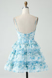 A-Line Tiered Blue Floral Cut Out Short Graduation Dress