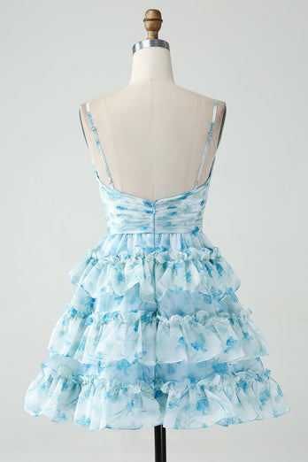 A-Line Spaghetti Straps Tiered Blue Floral Short Graduation Dress