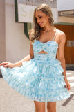 A-Line Tiered Blue Floral Cut Out Short Graduation Dress