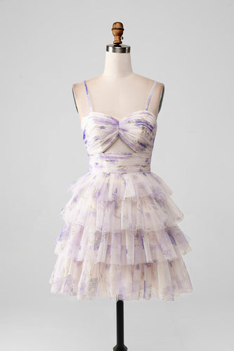 Lavender Flower A Line Spaghetti Straps Tiered Pleated Short Graduation Dress