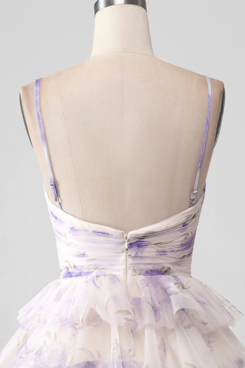 Load image into Gallery viewer, Lavender Flower A Line Spaghetti Straps Tiered Pleated Short Graduation Dress