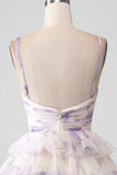 Lavender Flower A Line Spaghetti Straps Tiered Pleated Short Graduation Dress