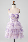 Lavender Flower A Line Spaghetti Straps Tiered Pleated Short Graduation Dress