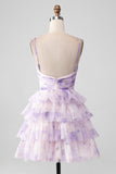 Lavender Flower A Line Spaghetti Straps Tiered Pleated Short Graduation Dress