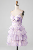 Lavender Flower A Line Spaghetti Straps Tiered Pleated Short Graduation Dress