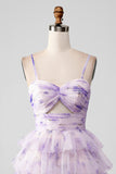 Lavender Flower A Line Spaghetti Straps Tiered Pleated Short Graduation Dress