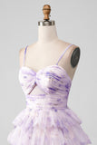 Lavender Flower A Line Spaghetti Straps Tiered Pleated Short Graduation Dress