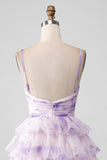 Lavender Flower A Line Spaghetti Straps Tiered Pleated Short Graduation Dress