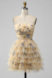 Yellow A Line Halter Tiered Short Tulle Graduation Dress