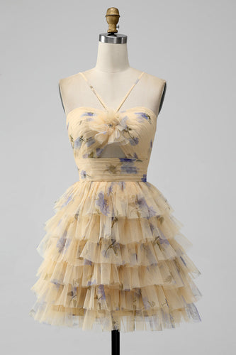 Yellow A Line Halter Tiered Short Tulle Homecoming Dress