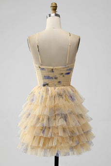 Yellow A Line Halter Tiered Short Tulle Homecoming Dress