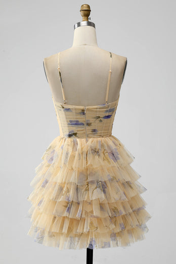 Cute Yellow A Line Halter Tiered Short Tulle Graduation Dress