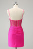 Load image into Gallery viewer, Glitter Fuchsia Bodycon Spaghetti Straps Ruched Short Graduation Dress with Beading