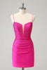 Load image into Gallery viewer, Glitter Fuchsia Bodycon Spaghetti Straps Ruched Short Graduation Dress with Beading