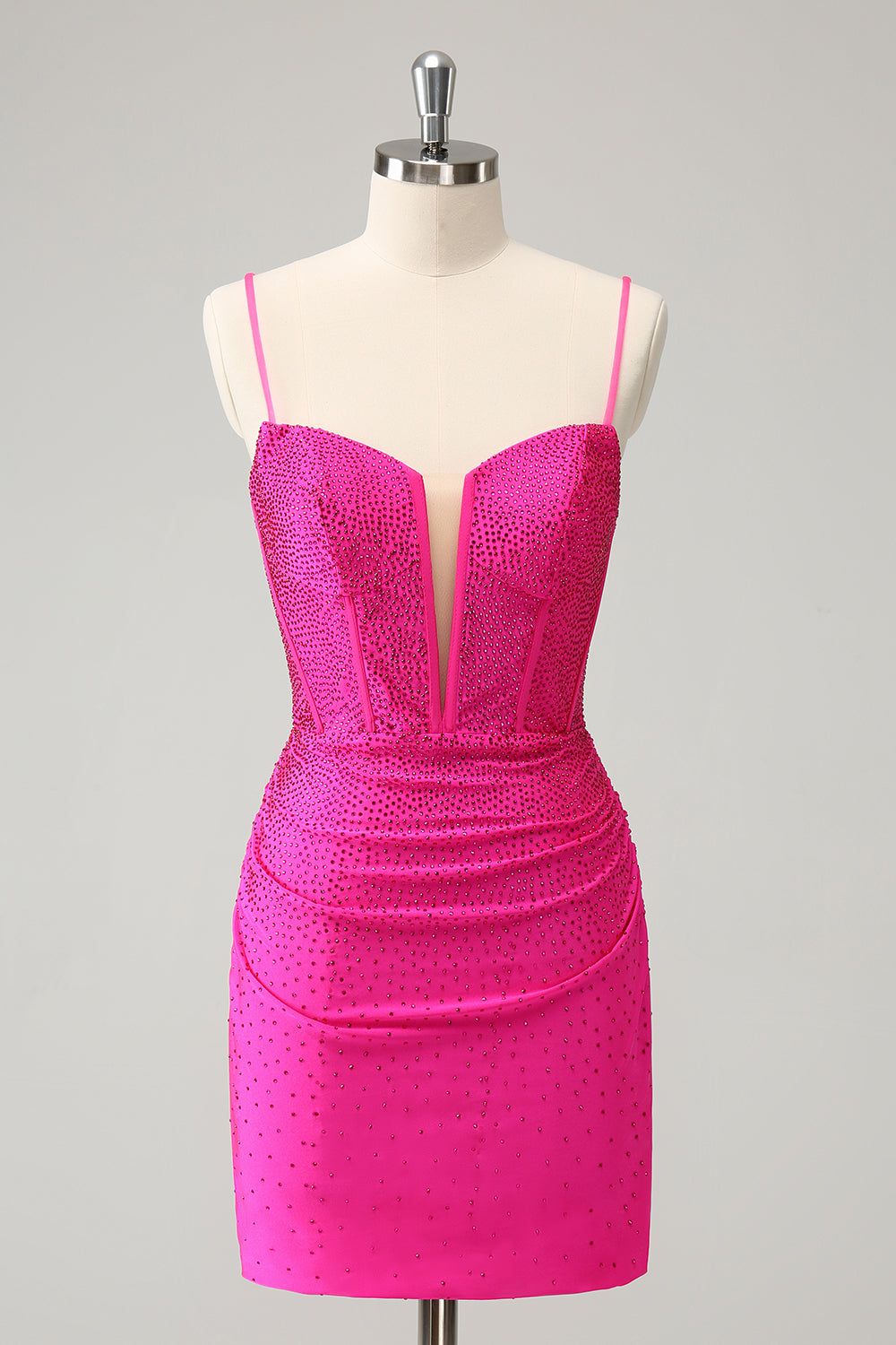 Glitter Fuchsia Bodycon Spaghetti Straps Ruched Short Graduation Dress with Beading