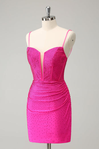 Glitter Fuchsia Bodycon Spaghetti Straps Ruched Short Graduation Dress with Beading