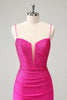 Load image into Gallery viewer, Glitter Fuchsia Bodycon Spaghetti Straps Ruched Short Graduation Dress with Beading