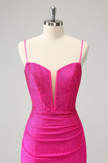 Glitter Fuchsia Bodycon Spaghetti Straps Ruched Short Graduation Dress with Beading