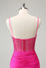 Load image into Gallery viewer, Glitter Fuchsia Bodycon Spaghetti Straps Ruched Short Graduation Dress with Beading