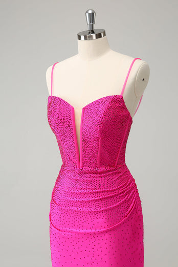 Glitter Fuchsia Bodycon Spaghetti Straps Ruched Short Graduation Dress with Beading