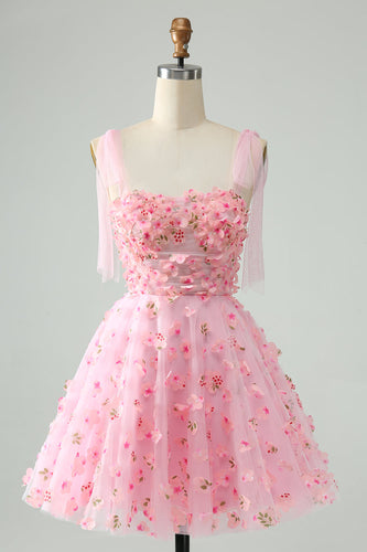 Cute Pink A Line Spaghetti Straps Short Graduation Dress with 3D Flowers