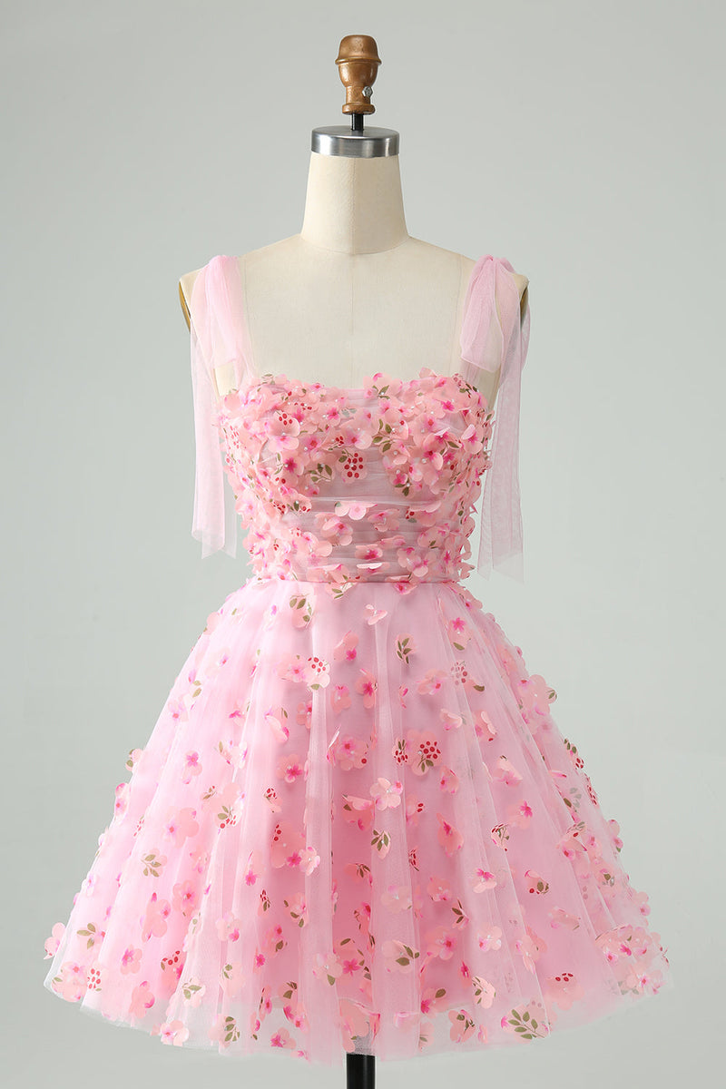 Load image into Gallery viewer, Cute Pink A Line Spaghetti Straps Short Graduation Dress with 3D Flowers