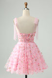 Cute Pink A Line Spaghetti Straps Short Graduation Dress with 3D Flowers