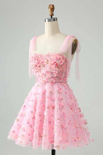 Cute Pink A Line Spaghetti Straps Short Graduation Dress with 3D Flowers