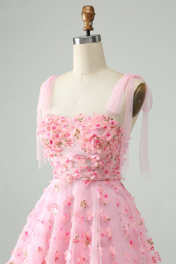 Cute Pink A Line Spaghetti Straps Short Graduation Dress with 3D Flowers