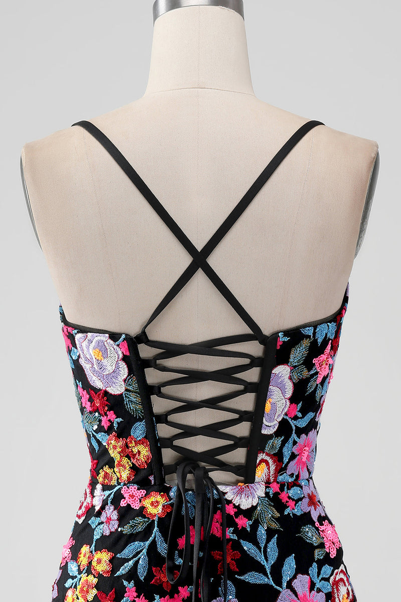 Load image into Gallery viewer, Black Flower Bodycon V Neck Spaghetti Straps Short Graduation Dress