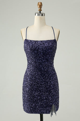 Sparkly Navy Sequins Tight Short Graduation Dress With Fringes