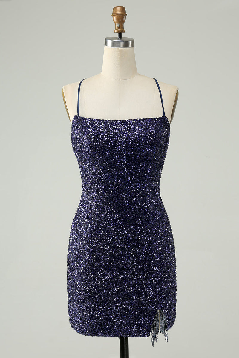 Load image into Gallery viewer, Sparkly Navy Sequins Tight Short Graduation Dress With Fringes