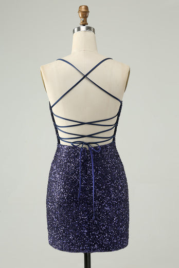 Sparkly Navy Sequins Tight Short Graduation Dress With Fringes