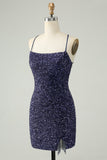 Sparkly Navy Sequins Tight Short Graduation Dress With Fringes