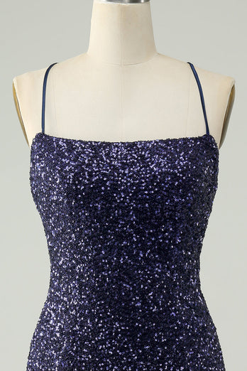 Sparkly Navy Sequins Tight Short Graduation Dress With Fringes