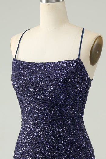 Sparkly Navy Sequins Tight Short Graduation Dress With Fringes