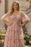 Ivory Red Floral A-Line Sheer Boned Corset Off The Shoulder Long Plus Size Prom Dress