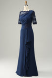 Navy Sheath Ruffled Half Sleeves Long Choir Dress with Appliques