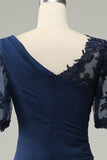 Navy Sheath Ruffled Half Sleeves Long Choir Dress with Appliques