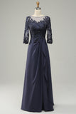 Grey Blue A-Line Half Sleeves Choir Dress with Embroidery