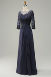 Blue A-Line Half Sleeves Mother of the Bride Dress with Appliques