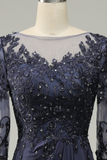Blue A-Line Half Sleeves Mother of the Bride Dress with Appliques