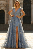 Grey Blue A Line Sequins V-Neck Long Prom Dress with Slit
