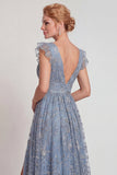 Grey Blue Appliqued V Neck A Line Mother of the Bride Dress with Slit