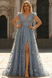 Grey Blue A Line Deep V Neck Open Back Plus Size Prom Dress with Sequins