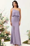Sheath One Shoulder Purple Bridesmaid Dress with Silt